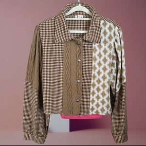 POL Brown and Cream Patterned Button Down Jacket Crop